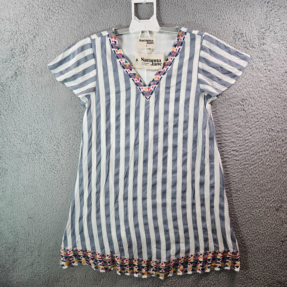 NEW Savanna Jane Dress Small Embroidered V-Neck Short Sleeve White Gray Striped